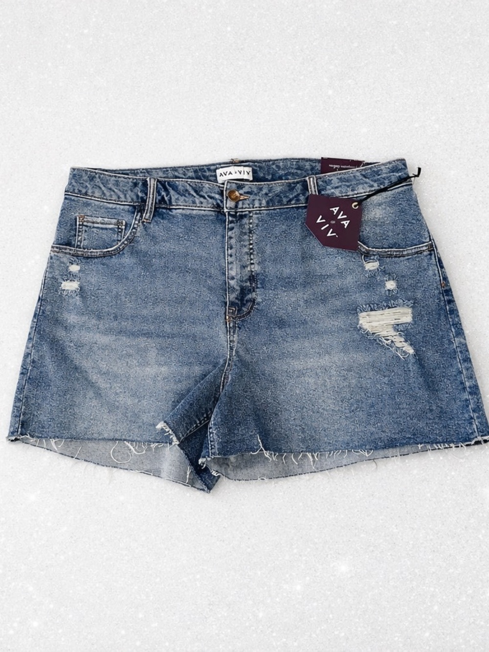 Ava & Viv S 20W Midi Light Blue Distressed Raw Hem No Gap Waist Demim Shorts NWT